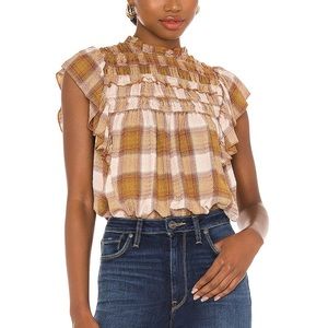 Free People Plaid Ruffled Swing Blouse Sz S EUC
